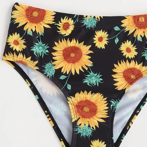 Vista 4 de Trajes de baño con volantes para bebés, bikini hueco, traje de baño de verano para niños, conjunto de girasol y letras para niños (amarillo, 11 años)