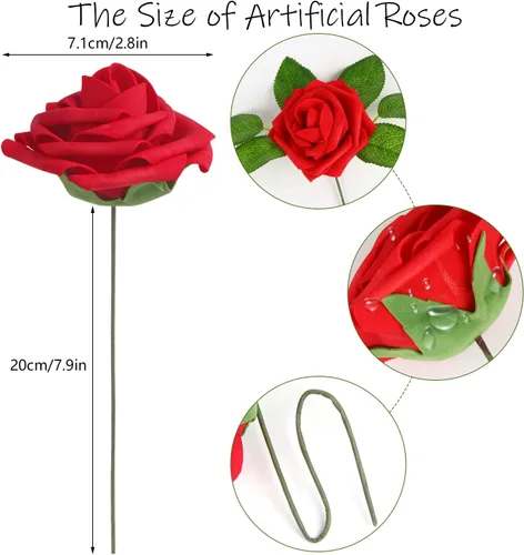 Vista 8 de LOKIPA 50 rosas artificiales, 50 unidades de rosas rojas de espuma de aspecto real, rosas artificiales con tallos para decoración de ramos de boda