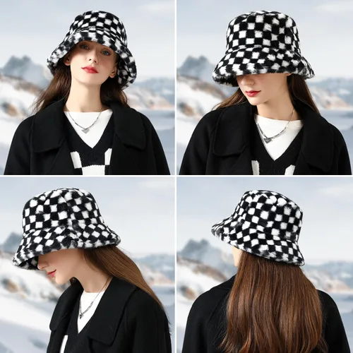 Vista 6 de Peicees Sombrero de pescador esponjoso de invierno para mujeres y niñas, gorro de pescador de piel sintética, Impresión de leopardo