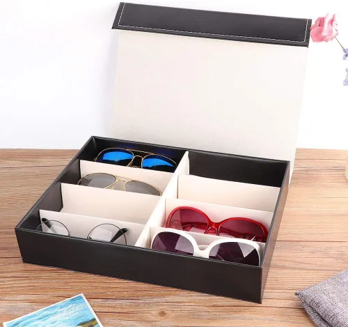 Vista 4 de Organizador de 8 rejillas de almacenamiento de joyas de lentes de sol para anillos, aretes, caja organizadora de gafas de cuero para coleccionista