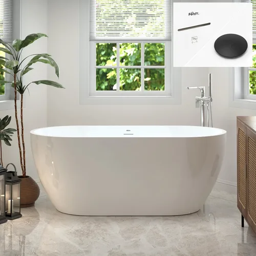Vista 21 de FerdY Bañera independiente de acrílico Bali de 47 pulgadas, bañera independiente con forma elegante, certificado cUPC, drenaje dorado cepillado