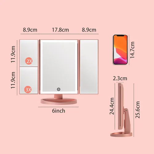 Vista 5 de FASCINATE Actress Tabletop Makeup Mirror - Folding, Lighted, Magnifier 2/3x, Touch Type, Brightness & Angle Adjustment, Storage Space