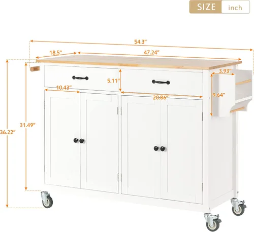 Vista 5 de Isla de cocina con ruedas con escritorio de madera maciza, mesa de isla de cocina con 2 cajones, carrito de isla de cocina con armario