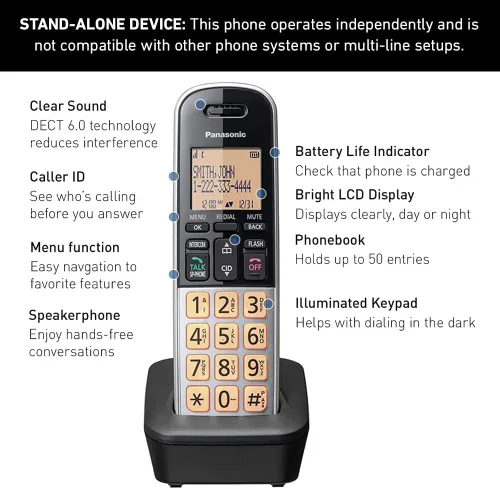 Vista 3 de Panasonic KX-TGB810S - Teléfono inalámbrico compacto con DECT 6.0, LCD ámbar de 1.6 pulgadas y teclado HS iluminado, bloque de llamadas