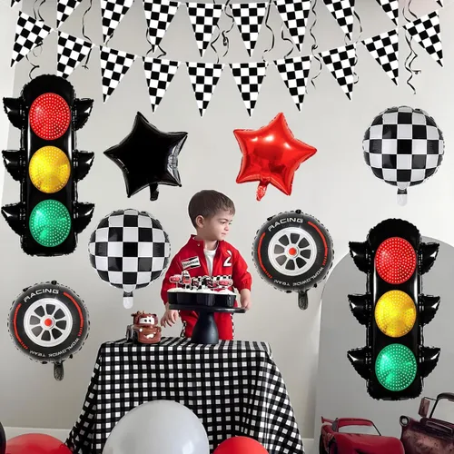 Vista 4 de Globos de carreras para decoración de fiesta de cumpleaños, globos de semáforo de 32 pulgadas, pancarta a cuadros, globos de neumáticos