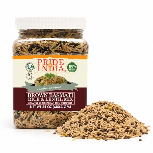 Vista 4 de Pride Of India - Paquete de 6 - Mezcla de arroz basmati integral indio y cocari de lentejas - Superalimento proteico, tarro de 1.5 libras
