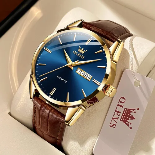 Vista 3 de OLEVS Tienda Watches, reloj de cuero marrón para hombre, reloj de fecha para hombre, reloj luminoso para hombre, reloj de vestir para hombre, reloj