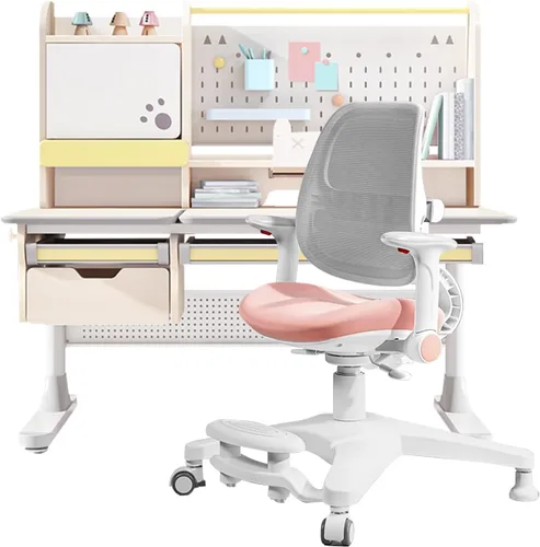 Vista 9 de FCD Escritorio y silla para niños, juego de escritorio y silla de estudio ergonómico ajustable de madera, mesa de dibujo y estación de computadora