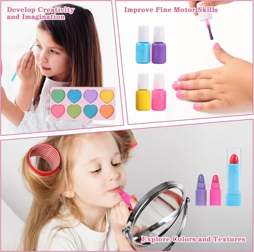 Vista 5 de TOKIA Kit de maquillaje para niños de gran cantidad de 49 piezas, no tóxico y seguro, maquillaje para niñas pequeñas, cosméticos lavables reales