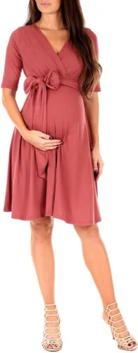 Vista 11 de Mother Bee Maternity - Vestido de maternidad de media manga, diseño cruzado de imitación con lazo frontal Coral