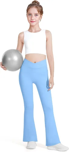 Vista 5 de HASMES Leggings acampanados para niñas con bolsillos, parte inferior acampanada, cintura alta, pantalones de yoga para danza, ropa deportiva