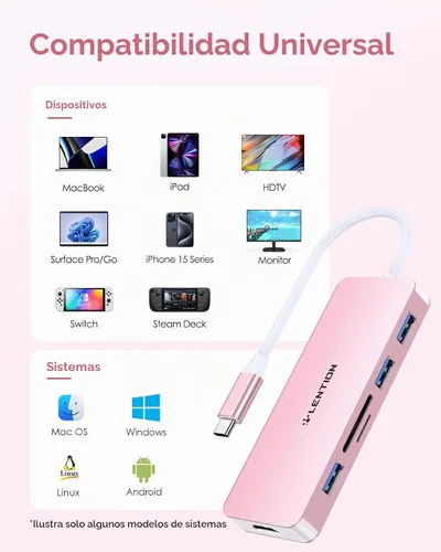 Vista 8 de LENTION Concentrador USB C 6 en 1, 3 USB3.0, 4K@30Hz, lector de tarjetas Rosa