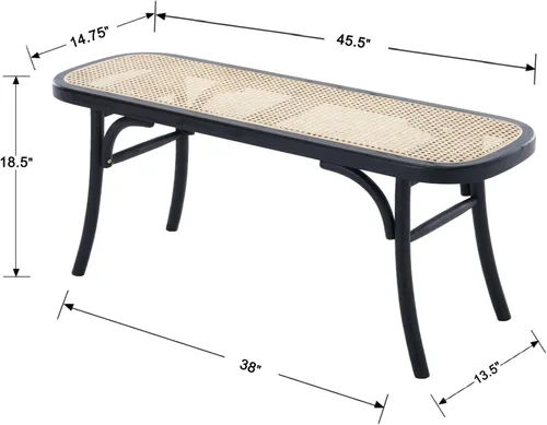 Vista 3 de Banco de comedor de madera negra con asiento de ratán, banco de acento bohemio para entrada, dormitorio, extremo de cama, ventana de cocina, espacio
