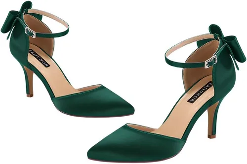 Vista 5 de ERIJUNOR Zapatos de fiesta de noche cómodos, tacones medios, con lazo y nudo al tobillo, anchos, zapatos de satén