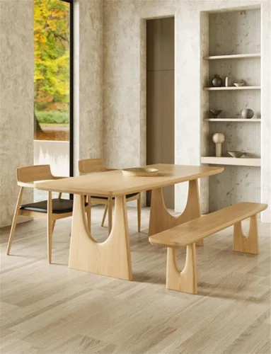 Vista 8 de Mesa de comedor de madera maciza rectangular moderna en la naturaleza con mesa de pedestal doble solo para comedor, cocina, mesa de ocio, 47.5