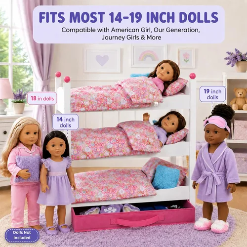 Vista 2 de Emily Rose Muebles para muñecas de 18 pulgadas, 3 camas individuales de madera apilables blancas, litera triple con (3) juegos de ropa de cama