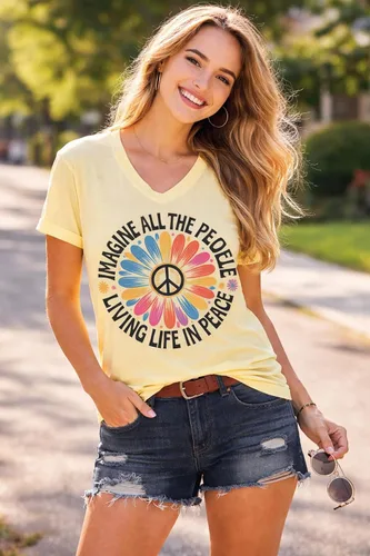 Vista 2 de Camiseta Imagine All The People, Imagine Peace, impresión gráfica clásica para mujeres y hombres, camiseta con cuello en V