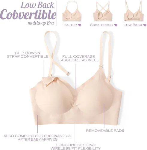 Vista 6 de Brasier de espalda baja para mujer, brasier sin espalda con tirantes convertibles multidirección, sin varillas, sin costuras, con relleno extraíble