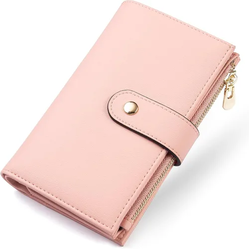Vista 20 de yiijay Cartera para mujer con bloqueo RFID, de cuero vegano, triple pliegue, tarjetero para tarjetas de crédito, cartera de viaje con soporte