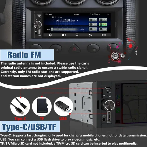 Vista 7 de Estéreo Universal Single Din para Automóvil con CarPlay Inalámbrico y Android Auto, Unidad Principal de Pantalla Táctil IPS de 6.36 Pulgadas