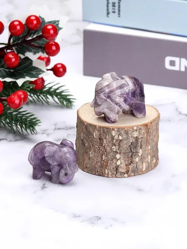 Vista 2 de CrystalTears Figura de elefante de cristal curativo de amatista, cristales tallados, estatua de elefante para decoración de escritorio del hogar