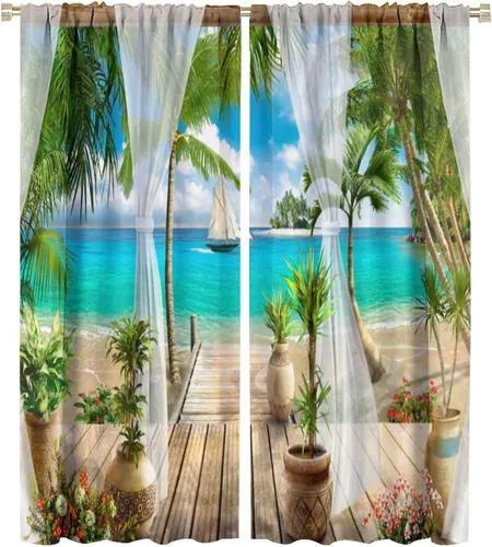 Vista 10 de Cortinas de paisaje, ventana tropical con vista al mar, océano, playa, barco, cortinas con estampado de palmeras para dormitorio, sala de estar, Mar