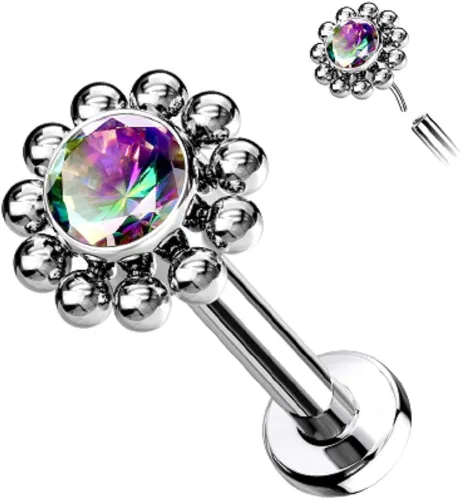 Vista 2 de Pierced Owl - 16-18G G23 Implant Grade Titanium Threadless Push-In CZ Crystal Center Flower with Beaded Edge Flat Back Lip Cartilage Ear Stud