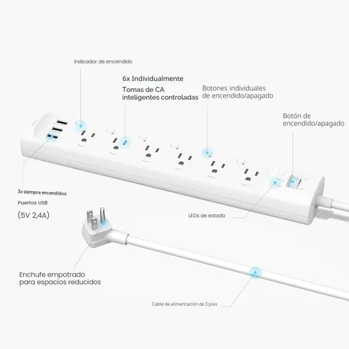 Vista 2 de Tapo Regleta de Alimentación Inteligente Wi-Fi - 6 Tomas Inteligentes Controladas Individualmente y 3 Puertos USB con Protección contra