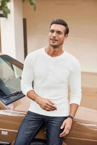 Vista 3 de COOFANDY Camisas Henley de manga larga para hombre con bolsillo