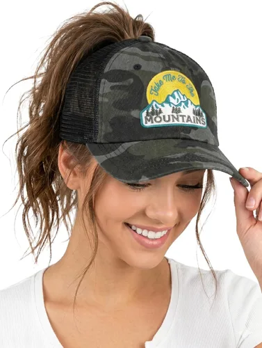 Vista 18 de Funky Junque Gorra de béisbol con cola de caballo cruzada, gorra de malla