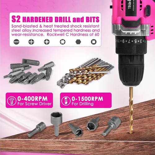 Vista 4 de ThinkLearn - Kit de herramientas con taladro inalámbrico de 20 V (265 lb-in), juego de taladro rosa para mujeres, kit de herramientas para el hogar