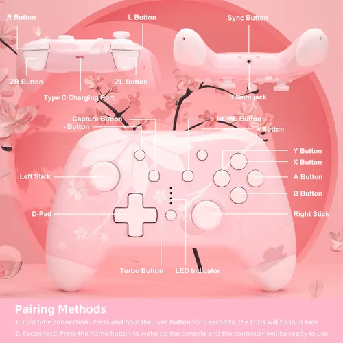 Vista 7 de Mytrix Updated Wireless Pro Controllers for Nintendo Switch, Windows PC iOS Android SteamSteam Deck, Sakura Pink Bluetooth Controller with