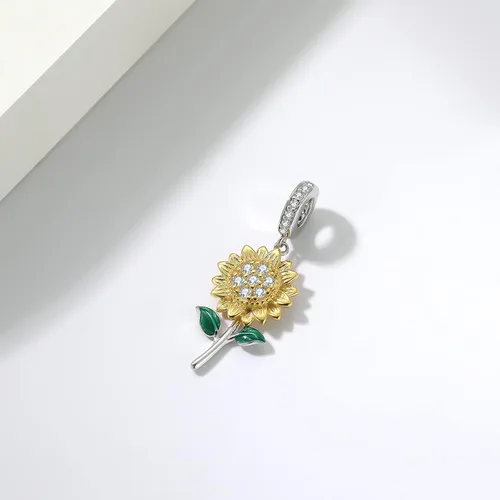 Vista 3 de Shysnow Pulseras de plata de ley 925 con dije de girasol, chapado en oro, circonita cúbica, con abalorios, brazalete, collar girasol 1