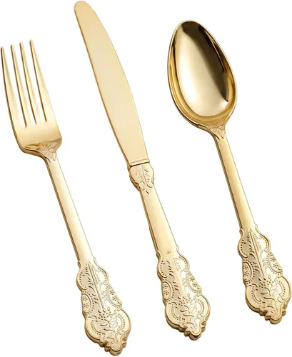 Vista 12 de bUCLA 600 cubiertos de plástico dorado – Utensilios dorados desechables – Juego de cubiertos de plástico resistente – 200 tenedores, 200 cucharas