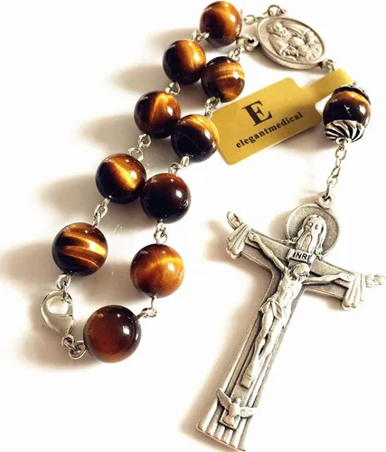 Vista 3 de elegantmedical 10MM Tiger Eye Beads Oración Católica una década rosario pulsera cruz Regalo y caja rosario coche, Plata de ley