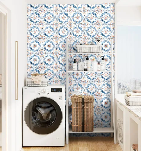 Vista 6 de HAOKHOME Papel tapiz geométrico para despegar y pegar, diseño de damasco floral azul/blanco/rojo, papel de pared extraíble, decoración moderna
