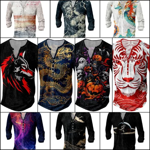 Vista 4 de MARSVOVO Camisetas gráficas para hombre, camisetas Henley con estampado de moda, holgadas, casuales, ligeras, para entrenamiento, suaves, vintage