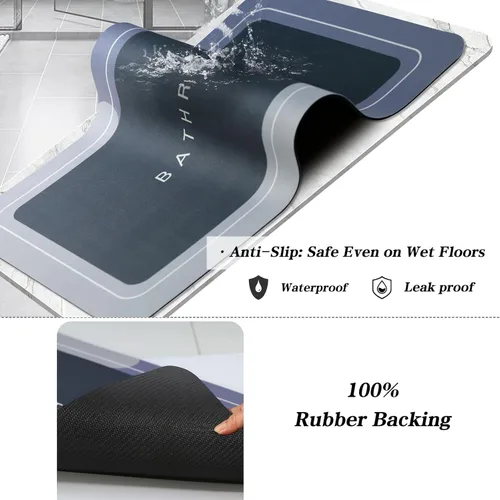 Vista 4 de Tapetes de baño antideslizantes de secado rápido, tapetes de baño de goma súper absorbentes para debajo de la puerta, tapetes de baño para baño, Azul