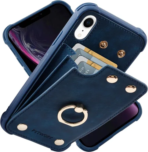 Vista 33 de Funda tipo cartera compatible con iPhone XR/10R con tarjetero de crédito, funda protectora de cuero a prueba de golpes compatible con anillo