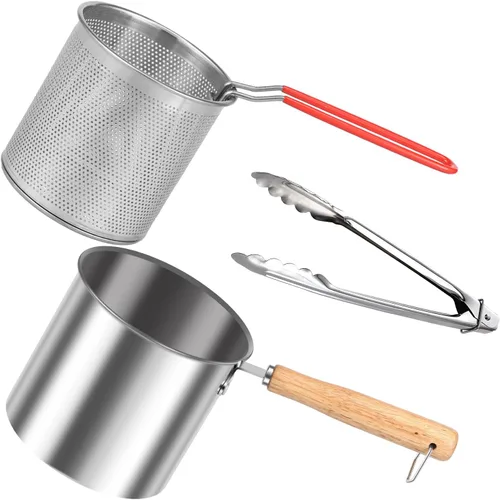 Vista 4 de Olla de freidora estadounidense con cesta coladora, olla profunda de acero inoxidable con tapa de asa, mini freidora de aceite portátil, contenedor
