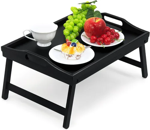 Vista 6 de Paquete de 2 bandejas de cama para mesa de desayuno, bandejas de servir, bandeja de bambú para cama portátil con patas plegables, asas y soportes