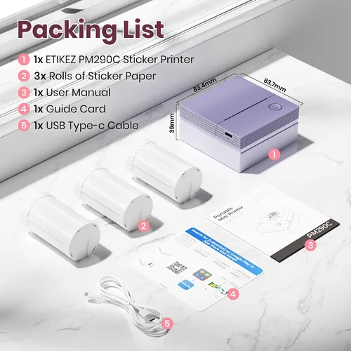 Vista 9 de Impresora de pegatinas, PM290C Mini impresora con 3 rollos de papel, púrpura