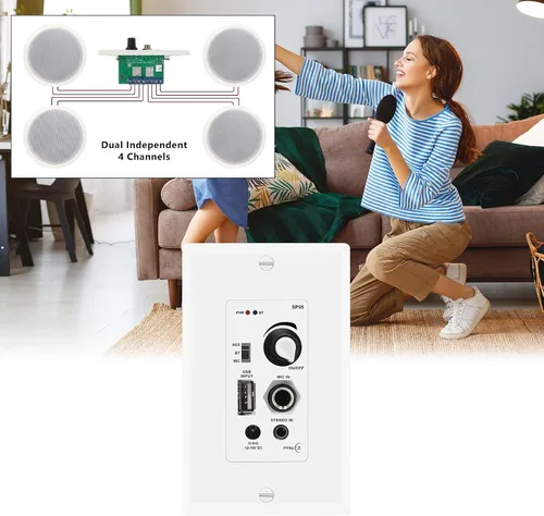 Vista 5 de Amplificador de pared compatible con Bluetooth 4 canales, control de volumen, placa de pared con entradas USB/MIC/AUX (0.138 in) Bloque