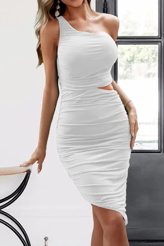 Vista 4 de MASCOMODA Women's 2023 Summer One Shoulder Sexy Bodycon Dress Sleeveless Cutout Ruched Midi Dress Party Cocktail Sun Dresses