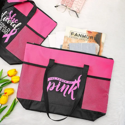 Vista 2 de Bolsas de regalo para concientización sobre el cáncer de mama, bolsas de señal de cinta rosa para mujer, bolsillo de malla, apoyo para concientizar