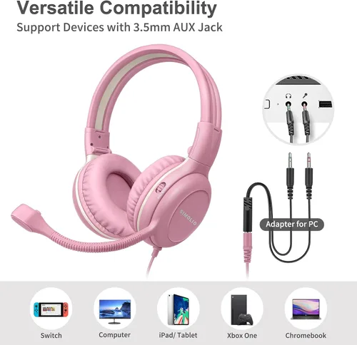 Vista 6 de SIMOLIO Audífonos para niños con micrófono para la escuela, auriculares con cable de 75/85/94 dB con micrófono retráctil para iPad, PC, laptop