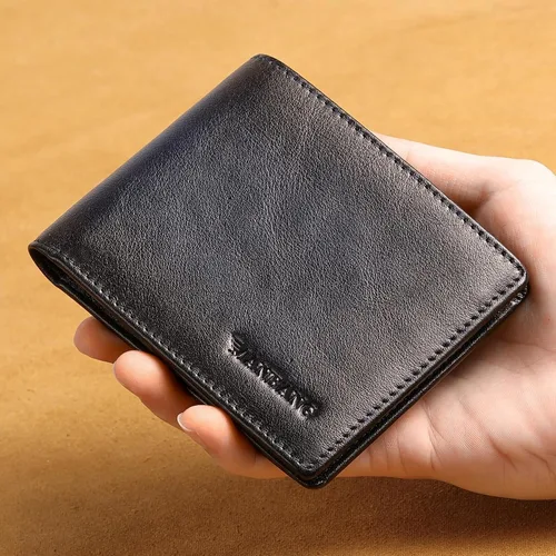 Vista 5 de MANBANG Billeteras para hombres RFID de cuero genuino delgado plegable cartera, gris, azul , Billetera plegable