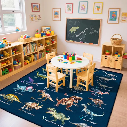 Vista 5 de Alfombra de 4 x 6 pies con dinosaurios para niños, alfombra educativa del ABC para sala de juegos, alfombras de juego para habitación de niños