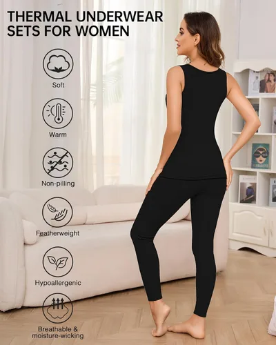 Vista 3 de Conjuntos de ropa interior térmica para mujer, pantalones largos de forro polar, capa base térmica, para clima frío, conjunto de camiseta e inferior