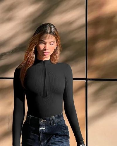 Vista 4 de OQQ Body de 2 piezas para mujer, sexy, acanalado, de una pieza, con cremallera frontal, manga larga